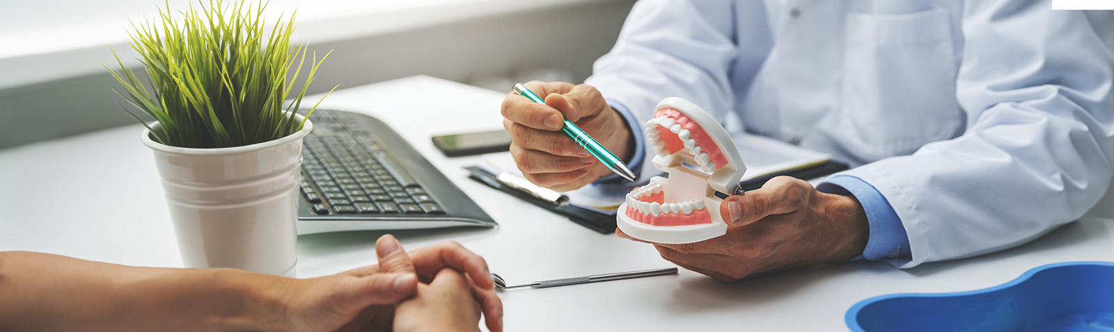 A man in a white coat sitting at a desk with dental models, engaging with a woman who is holding a toothbrush and smiling.