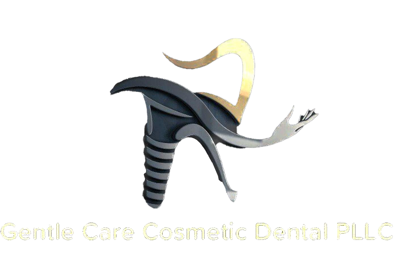 The image is a digital logo with text that reads  GENTLE CARE COSMETIC DENTAL PLCL  and features an illustration of a toothbrush with a stylized golden design.