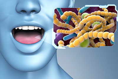 An image of a person s face with an open mouth, set against a background that includes a graphic representation of bacteria and a text box containing information about the COVID-19 virus.