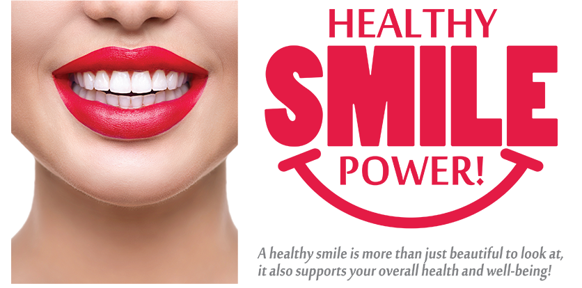 The image features a close-up of a person s face with red lipstick, set against a white background. It includes text that reads  HEALTHY SMILE POWER  in bold letters at the bottom.