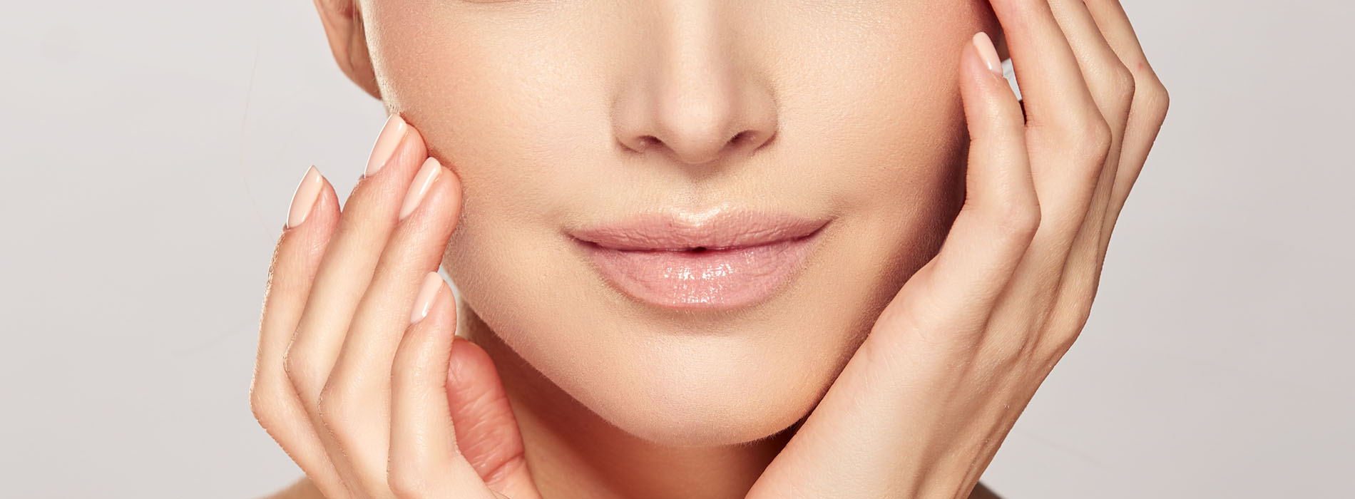 The image shows a woman applying skincare, with a close-up view of her face and hands holding a product.