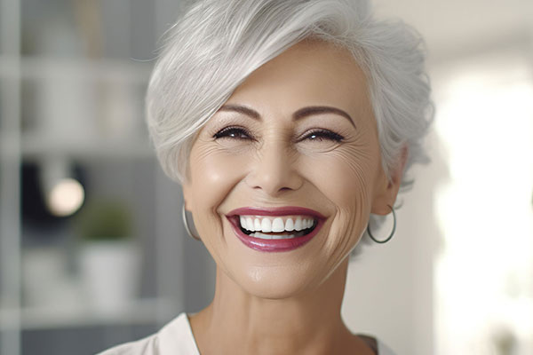 A smiling woman with white hair, wearing a light-colored top and dark earrings.